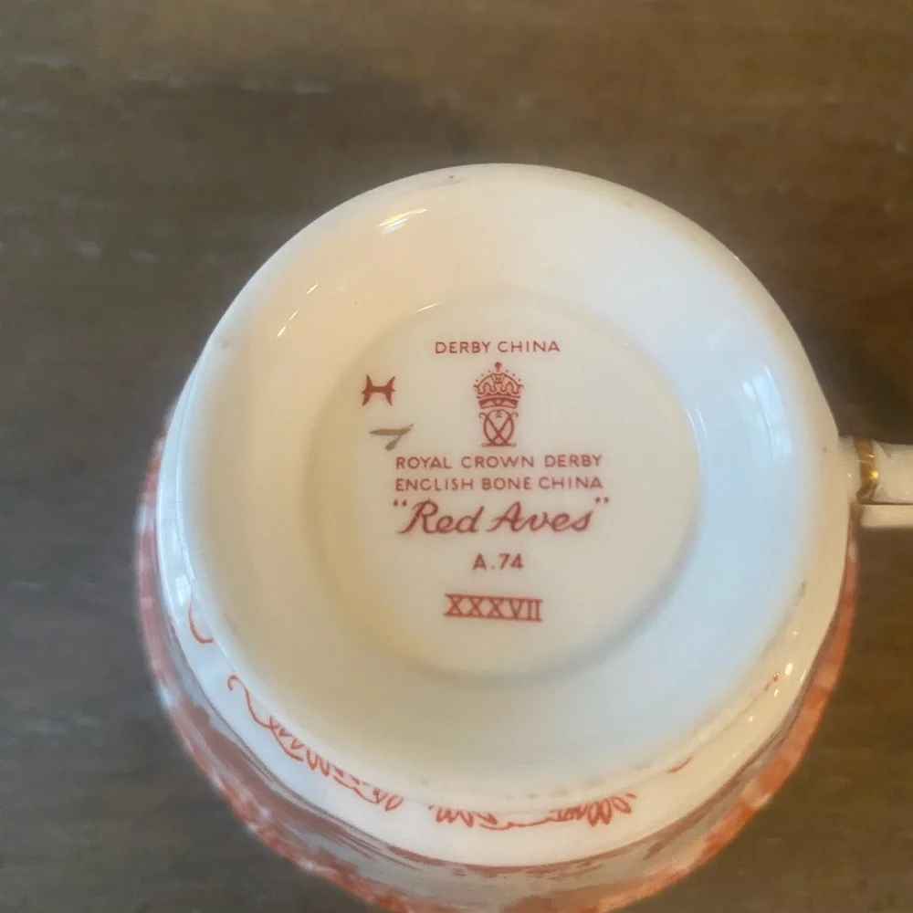 Vintage Royal Crown Derby Red Aves Teacup and Saucer